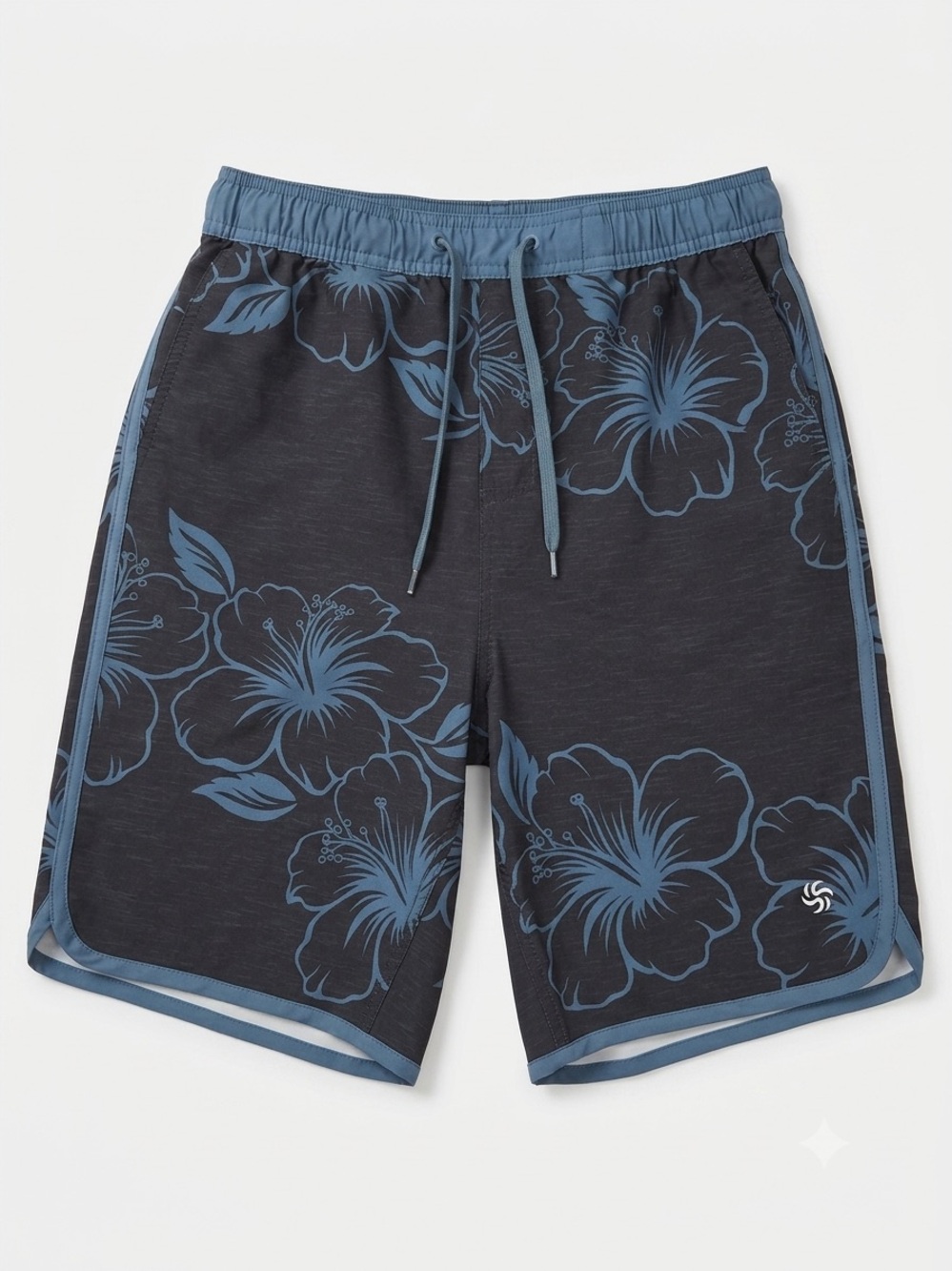 Sol Borne Men's Floral Swim Trunks in Slate Blue and Dark Charcoal